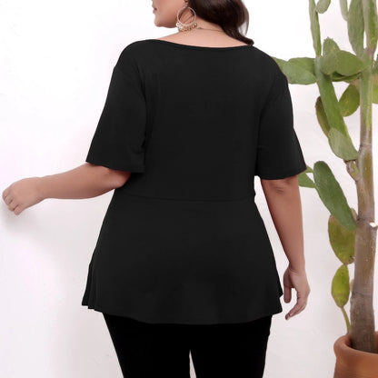 Plus size top women's short sleeve round neck belted t-shirts spring summer ladies casual T-shirt tops solid color pullover