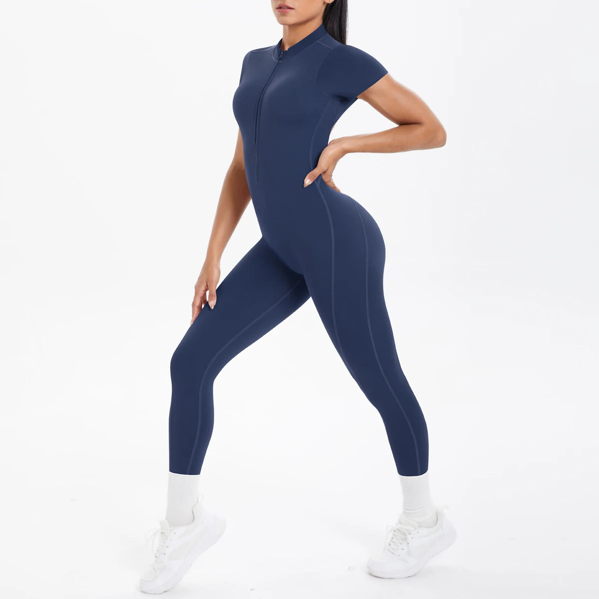 Short Sleeved Fitness Jumpsuit for Woman Bodysuits Backless Solid Color Scrunch One-Piece Suit Half Zipper Gym Yoga Sets Womens