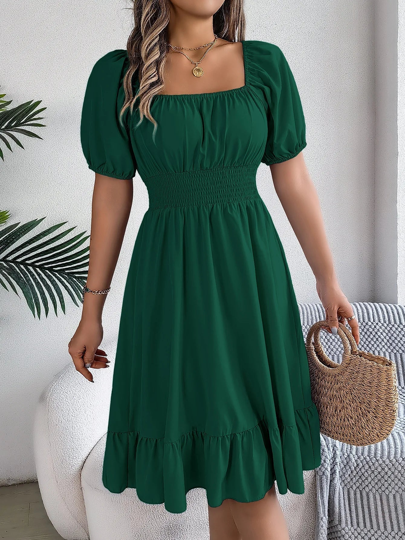 Women's MIidi Dresses 2024 Summer Casual Square Neck Short Sleeved Waist Ruffle Edge Dress Dress Women Elegant Платья Женские Badiee Stylez