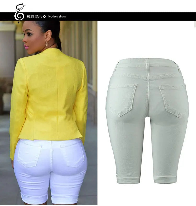 Summer New Fashion Women's American Washed Blue Solid Color High Waist Hole Patched Denim Shorts Skinny Jeans Shorts Female