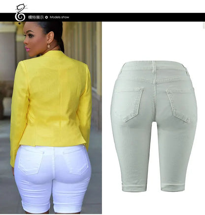 Summer New Fashion Women's American Washed Blue Solid Color High Waist Hole Patched Denim Shorts Skinny Jeans Shorts Female