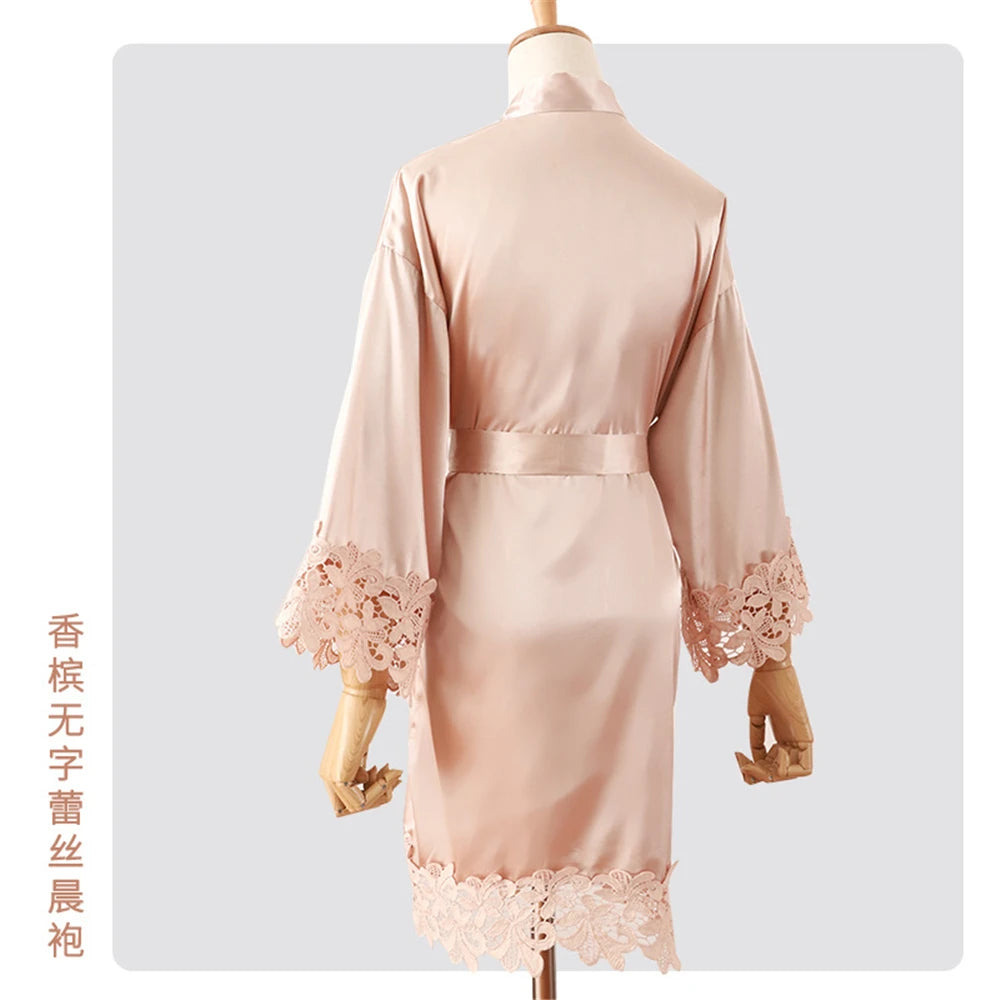 Wedding Embroidery Bride Bridesmaid Kimono Dresses Lace Gown Sexy Women Robes Home Gown Bathrobe Short Night Shirts Sleepwear1PC No words Champagne 1