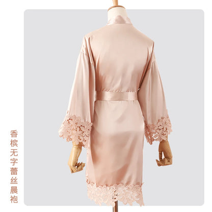 Wedding Embroidery Bride Bridesmaid Kimono Dresses Lace Gown Sexy Women Robes Home Gown Bathrobe Short Night Shirts Sleepwear1PC No words Champagne 1