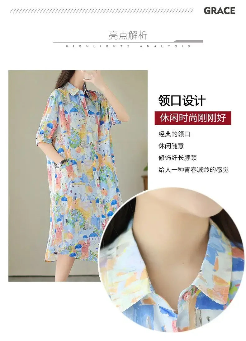 Fashionable Cartoon Printed Short-sleeved Shirt Skirt for Women in Summer Loose Dress
