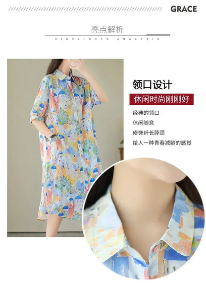 Fashionable Cartoon Printed Short-sleeved Shirt Skirt for Women in Summer Loose Dress