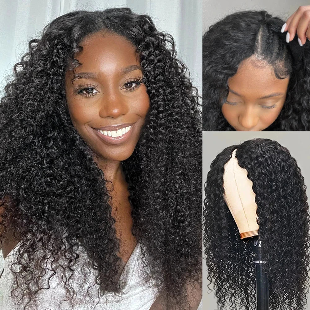 Glueless Kinky Curly V Part Wig Human Hair No Lace Wig Deep Wave Frontal Wig Water Wave Human Hair Wig Brazilian Hair For Women Badiee Stylez