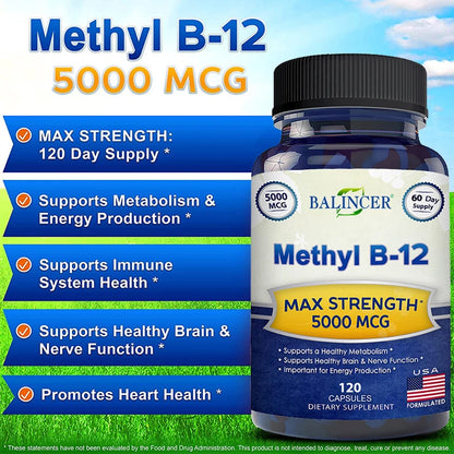 Vitamin B12 - 5000 MCG Supplement -Benefits Brain & Heart Function, Supports Memory, Learning, Helps Boost Natural Energy