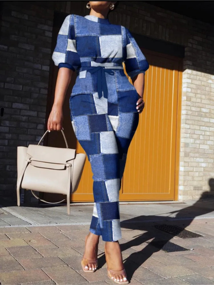 New Spring Autumn Trendy Street Trendy Seven Sleeve Fashion Printed Lace Up Waist Casual Pants Set For Women's Clothing