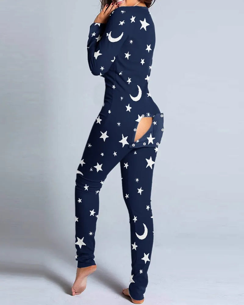 Sexy Pyjama Women's Jumpsuit Suit Button-down Front Back Butt Bum open Ass Flap Jumpsuit Loungewear Christmas Print Buttoned Navy blue stars