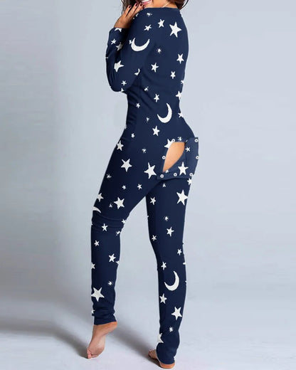 Sexy Pyjama Women's Jumpsuit Suit Button-down Front Back Butt Bum open Ass Flap Jumpsuit Loungewear Christmas Print Buttoned Navy blue stars