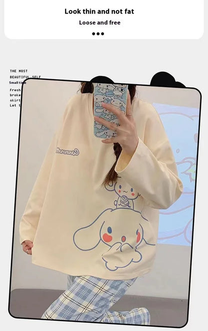 Spring and Autumn New Women's Thin Section Pajamas Homewear Suit Girls Summer Long-Sleeved Homewear Plus Size Cartoon Loose Suit