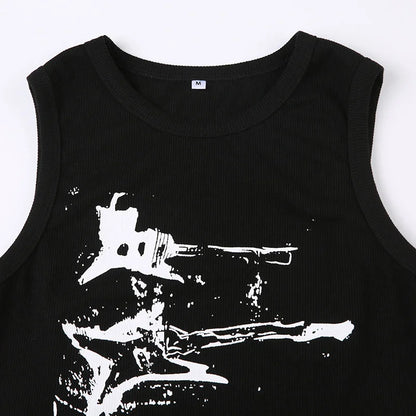 Guitar Print Sleeveless Tank Top Y2K Casual Ribbed Women Grunge Crop Top Harajuku Fashion Vest Tee 90s Street Outfits