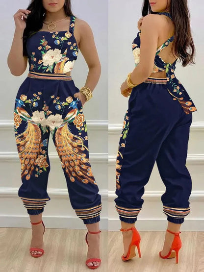 New Summer Fashion Printed Sleeveless Jumpsuit Sexy Hollow Backless Lace Up Long Jumpsuits Elegant Casual Jumpsuit With Pocket Badiee Stylez