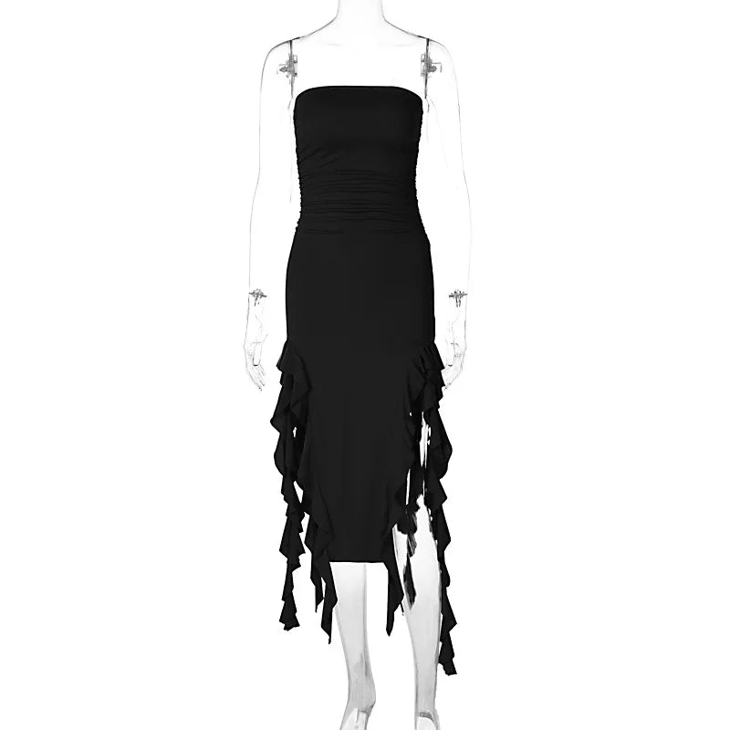 WonMiracle Elegant Strapless Dress Women Irregular Tassel 2024 Summer Trend Skinny Split Maxi Bodycon Party Dress For Women black