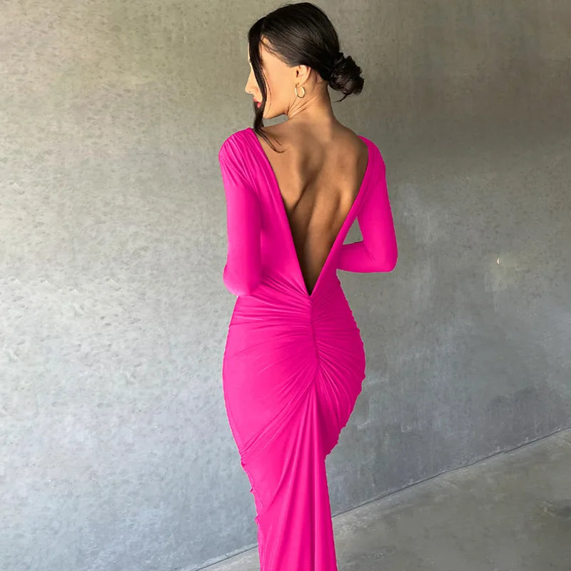 Women Sexy Elegant Long Dress Long Sleeve Backless Bodycon Slit Dress Autumn Evening Party Dresses Female Badiee Stylez