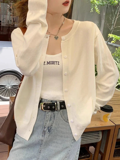 New 2025 Spring Summer Knit Cardigan O-Neck Solid Color Fashion High-Grade Comfortable Slim Casual Knitwear Tops