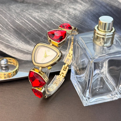 Women's irregular shape large sparkling special-shaped rhinestone simple sun pattern dial Fashion trend avant-garde quarts watch Red