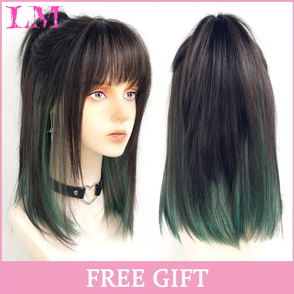 LM Long Silky Straight Synthetic Wigs with Bangs Black Cosplay Party Lolita Hair Wigs for Women Natural Heat Resistant Wig P6 613