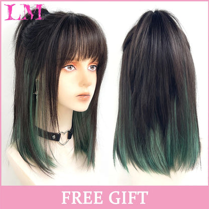 LM Long Silky Straight Synthetic Wigs with Bangs Black Cosplay Party Lolita Hair Wigs for Women Natural Heat Resistant Wig P6 613