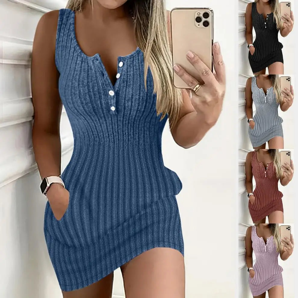 Women's Bodycon Dress 2024 Summer Fashion Sexy New Solid Color Pit Strip Slim Sleeveless Tank Mini Knitting Dresses For Women