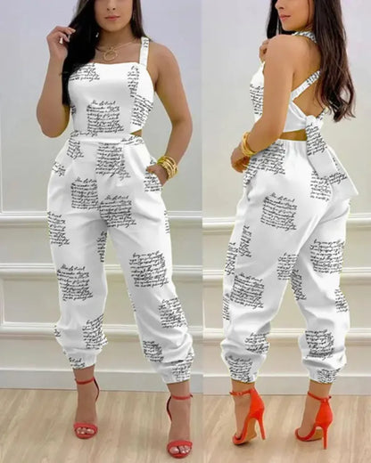 Women Printed Letter Jumpsuits Sleeveless V Neck Suspenders Backless High Waist Trousers Overall Rompers Pockets One Piece