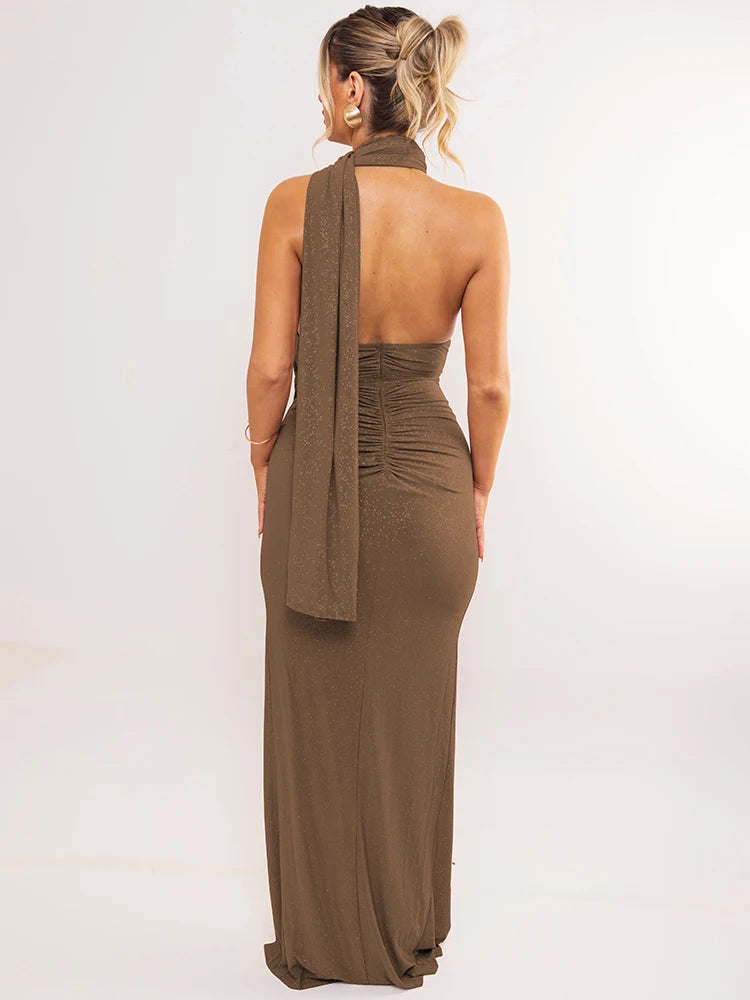 Mozision Halter Off-shoulder Sexy Maxi Dress Women Fashion Sleeveless Backless Ruched Split Club Party Bodycon Long Dresses