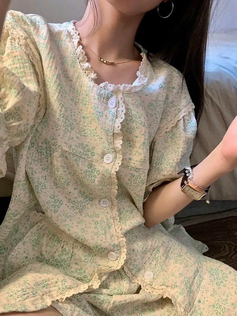 Ruffles Women Pajamas Sets for Home Summer Floral Sleepwear Shorts Sleeve Lace 2 Pieces Button Night Wears Korean Home Suit 2024
