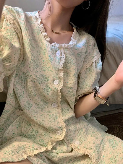 Ruffles Women Pajamas Sets for Home Summer Floral Sleepwear Shorts Sleeve Lace 2 Pieces Button Night Wears Korean Home Suit 2024