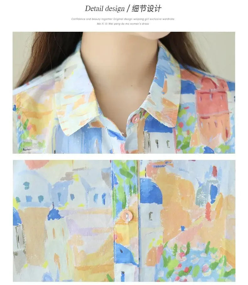 Fashionable Cartoon Printed Short-sleeved Shirt Skirt for Women in Summer Loose Dress