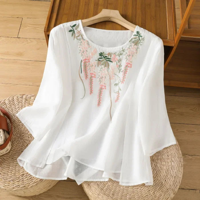 Thin Streetwear Vintage Clothes Ethnic Style Cotton Linen Shirts for Women Clothing Top Tshirt Tees Fashion Casual Embroidery WHITE