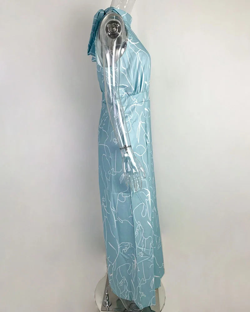 Women's 2025 Off-Shoulder Jumpsuit Flare Wide Leg Romper Artistic Print Lace-up High Waist Vacation Street Style Light Social Badiee Stylez