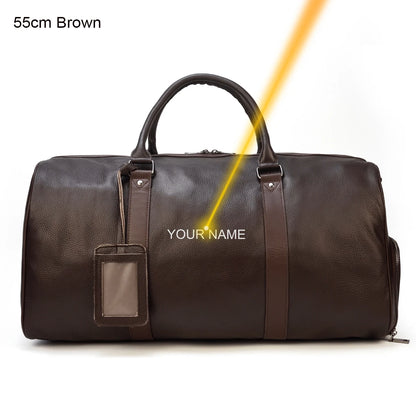 Luxury Genuine Leather Men Women Travel Bag Cow Leather Carry On Luggage Bag Travel Shoulder Bag Male Female Weekend Duffle Bag brown(55cm)-laser