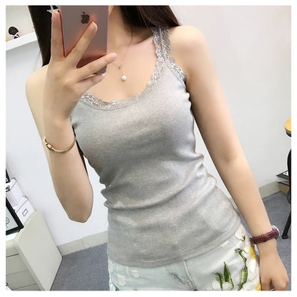 Black Tops Summer Sleeveless Women Tank Top With Lace Top Red Inside Wear Lace Camisoles Loose Underwear Womens Clothing Vest gray One Size