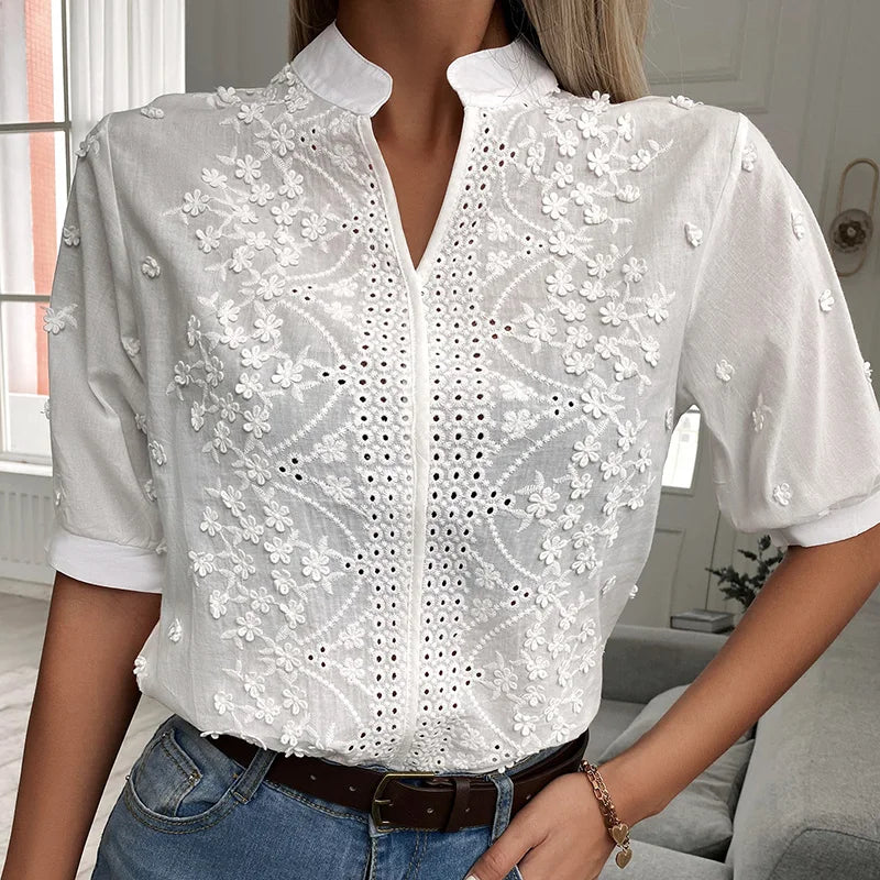 Summer Floral Embroidery Lace Blouse Fashion Women V Neck Casual Shirt Chic Short Sleeve Hollow Out Tops Elegant Blusas 24350