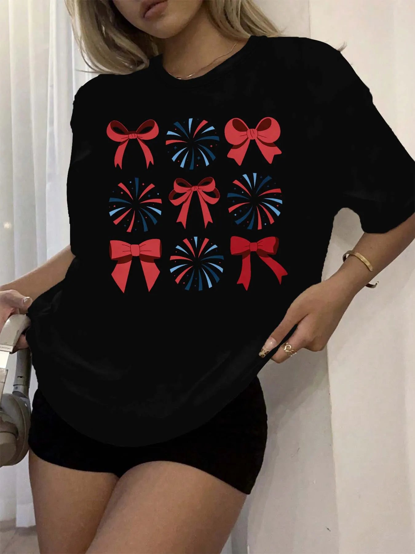 Plus Size Festive Bow And Firework Graphic Tee Elegant Celebration Inspired Top For Stylish Occasions black