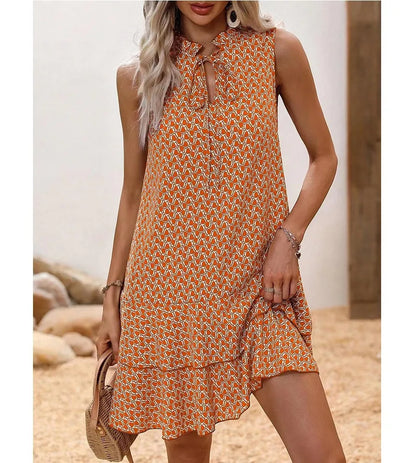 2025 Elegant Women's Casual Loose Ruffle Mini Dress Summer Bohemian Printed V-neck Lace-up Small Flying Sleeve Dresses For Women