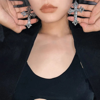 Vintage Cross Earrings Necklace for Women Christ Dangle Earrings Gothic Punk Dangle Drop Necklace Men Girl Grunge Hoop Jewelry
