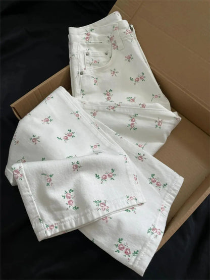 White floral straight jeans women's early autumn new thin loose high waist covered Joker slim casual wide-leg pants. jeans