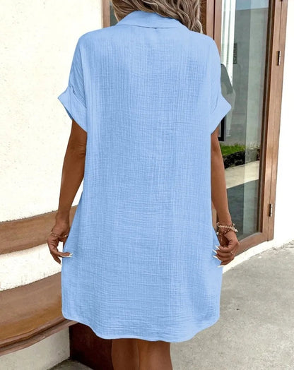 Women's Fashion Summer Minimalist V-neck Button Up Dress Woman Cotton Linen White Short Sleeved Pocket Casual Loose Shirt Dress Badiee Stylez