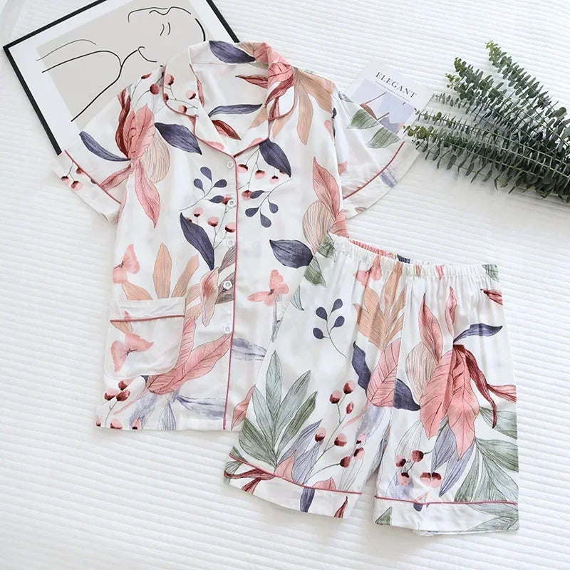 Spring and autumn ladies cute cartoon floral viscose fiber pajamas two-piece long-sleeved home service cotton summer thin shorts 02