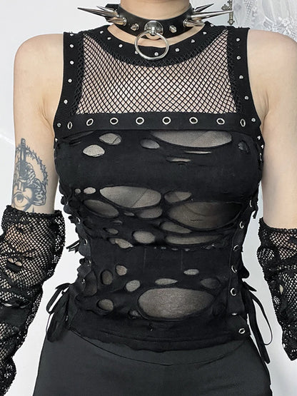 AltGoth Cyber Y2k Hole Vest Women Streetwear Harajuku Vintage Gothic Sexy O-neck Mesh Patchwork See Through Crop Tank Tops Femme