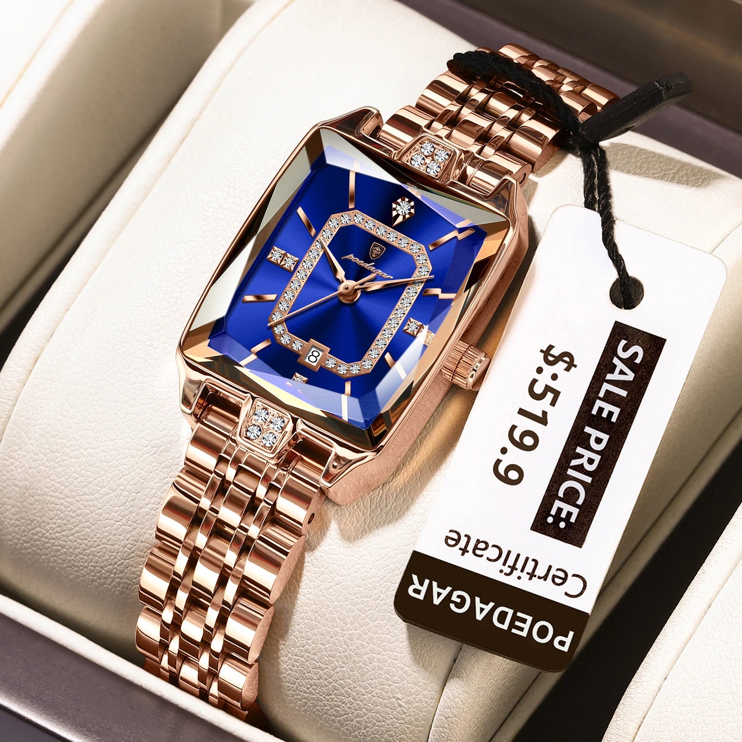 POEDAGAR Luxury Watch For Woman Waterproof Calendar High Quality Ladies Watch Stainless Steel Quartz Women's Watches Elegant+Box 785 RoseGold Blue