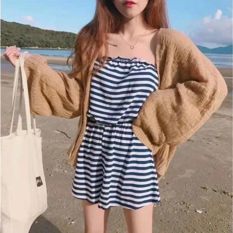 Knitted Cardigan for Women Summer Oversized Knit Loose Coat Sweater Korean Top Solid Cropped Cardigan Y2k Sweater Beach Blouses B One Size