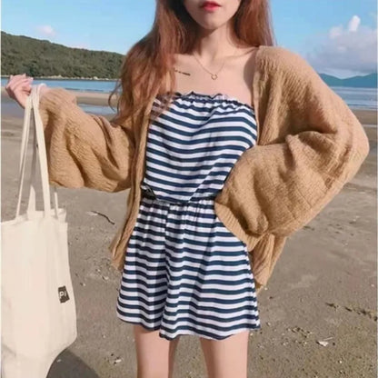 Knitted Cardigan for Women Summer Oversized Knit Loose Coat Sweater Korean Top Solid Cropped Cardigan Y2k Sweater Beach Blouses B One Size
