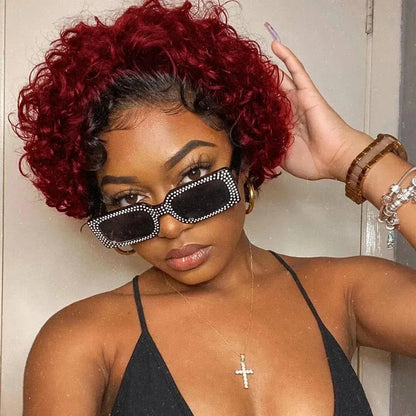 99J Short Curly Lace Front Human Hair Wigs 13X1 Pixie Cut Short Curly Human Hair Wigs Red Water Wave Wigs For Women Human Hair 1B99J 180%