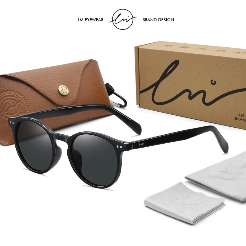 LM Retro Round Sunglasses Women Men Ultralight TR90 Polarized Unisex Driving Shades Vintage Sun Glasses UV400 Gafas De Sol Black-Gray LM
