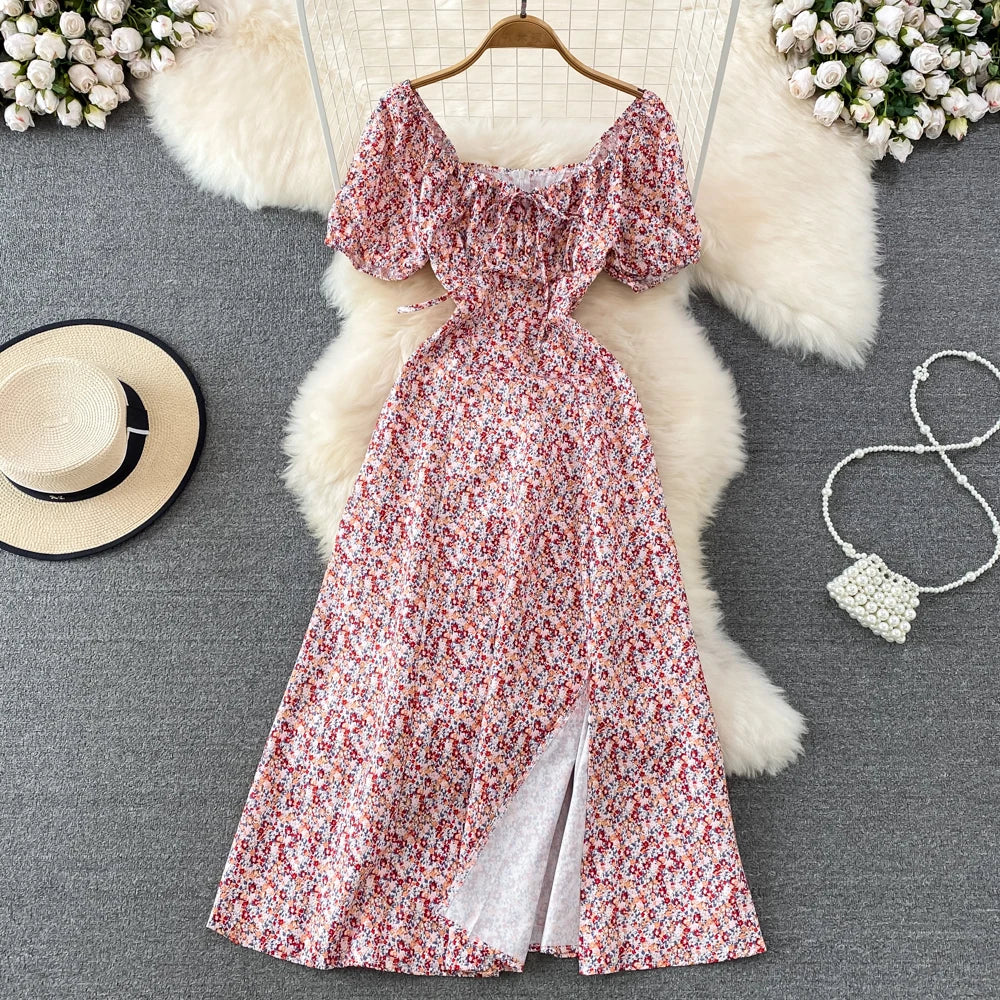 Summer Vintage Dress Blue Floral Summer Bubble Sleeve Tie Up Sexy Dresses Women A-line Print Split Long Dress Elegant Vestidos