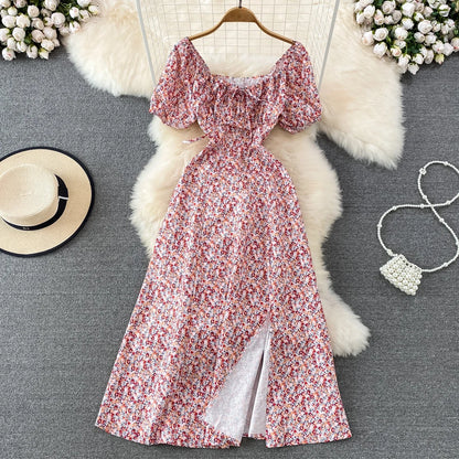 Summer Vintage Dress Blue Floral Summer Bubble Sleeve Tie Up Sexy Dresses Women A-line Print Split Long Dress Elegant Vestidos