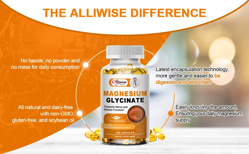 Magnesium Glycinate Supplement 400mg Magnesium with Vitamin D3 & B6 Supports Bone, Memory, Calm, Mood & improve Sleep, 120pcs