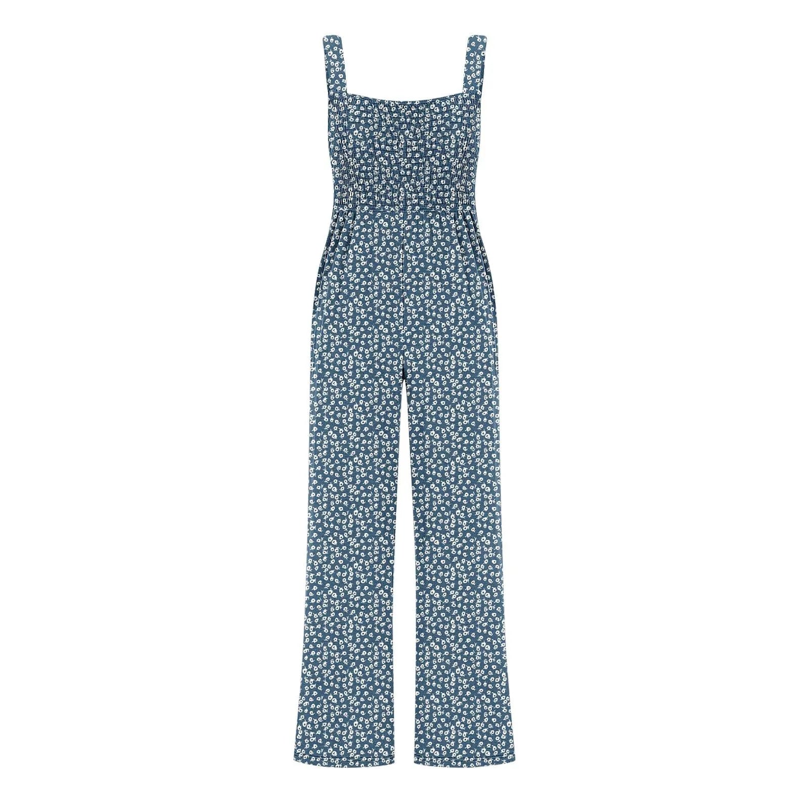 Women'S Suspender Jumpsuits Fashion Trend Pleated Shoulder Straps Printed Pocket Loose Wide Leg Jumpsuits Daily Casual All-Match